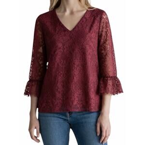 Modcloth V Neck Lace 3/4 Bell Sleeve Top Blouse Red Size M